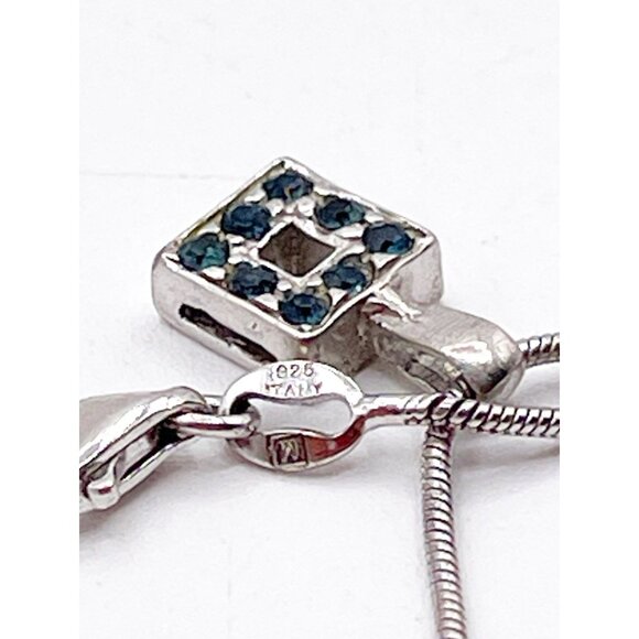 Vintage Sterling Silver 925 Italy Dainty Blue Crystal Square Pendant Necklace - Picture 6 of 9